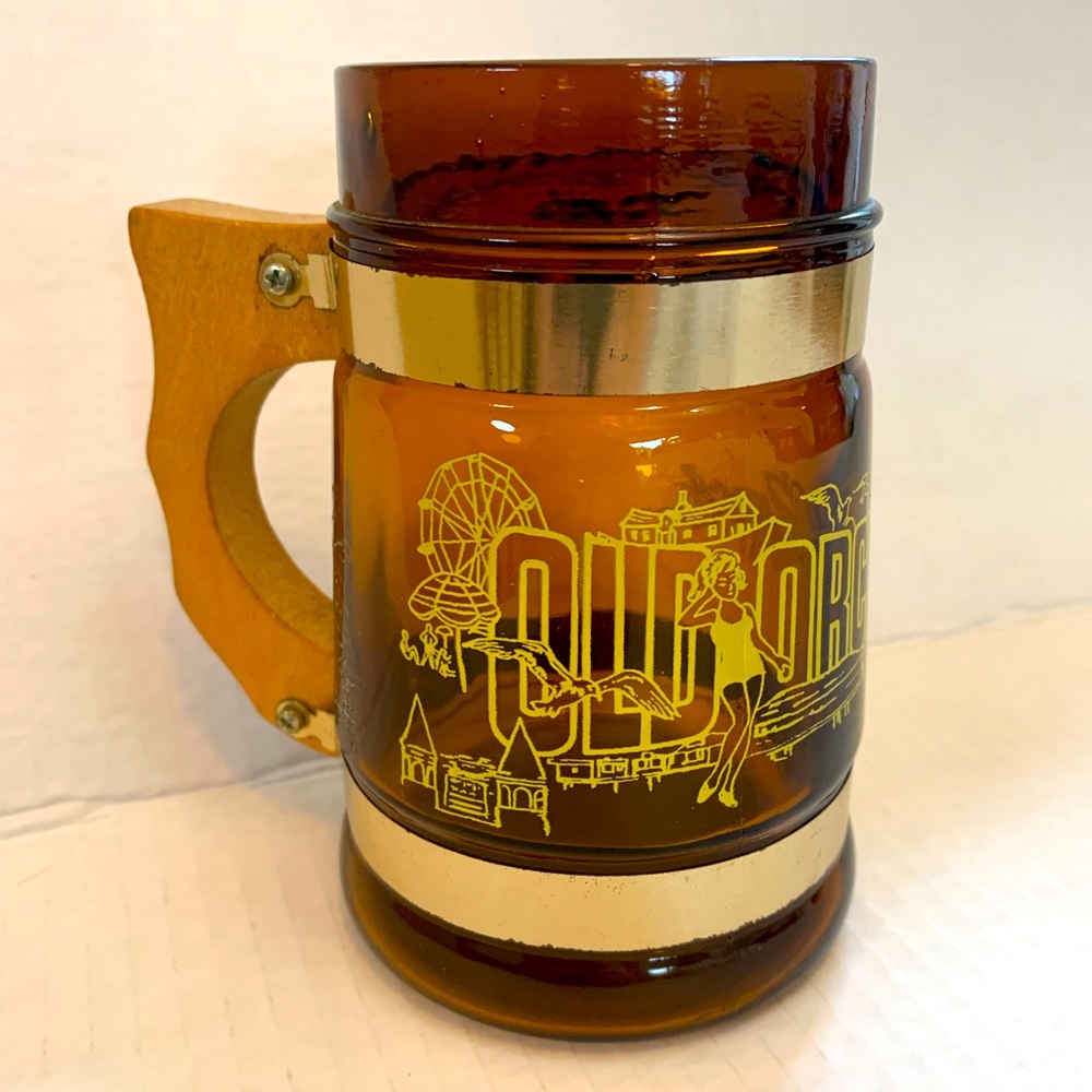 Vintage Siesta Mug, Travel Souvenirs. Amber glass barrel. Old Orchard Beach
